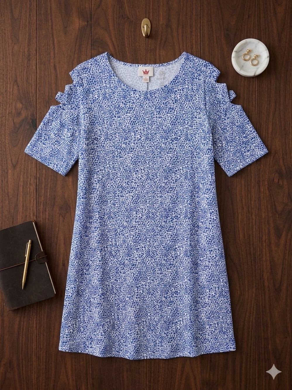 Ruby Rd. Blue Micro Polka Dot Cold Shoulder Shift Dress Large